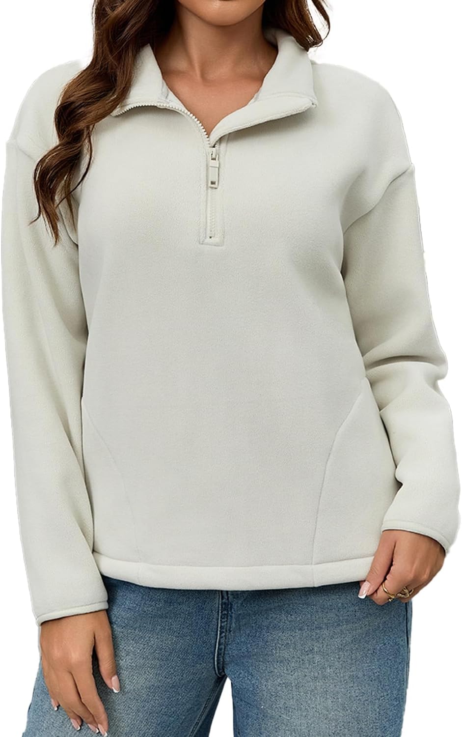 Women's Classic Slim-Fitting Half-Zip Fleece Jacket Long-Sleeved Short Winter Coat With Pockets
