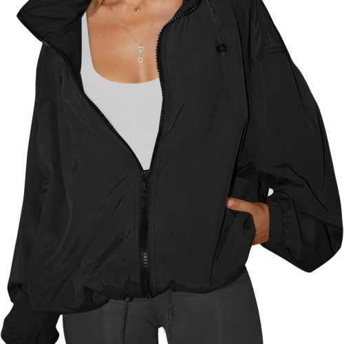 Womens Waterproof Rain Jackets Lightweight Zip Up Raincoat Outdoor Hiking Hooded Windbreaker with Pocket