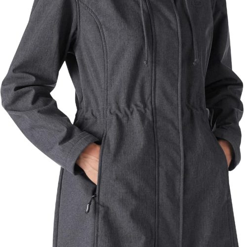 Women's Lightweight Waterproof Fleece Lined Hooded Softshell Rain Jacket, Warm Windbreaker Long Coat