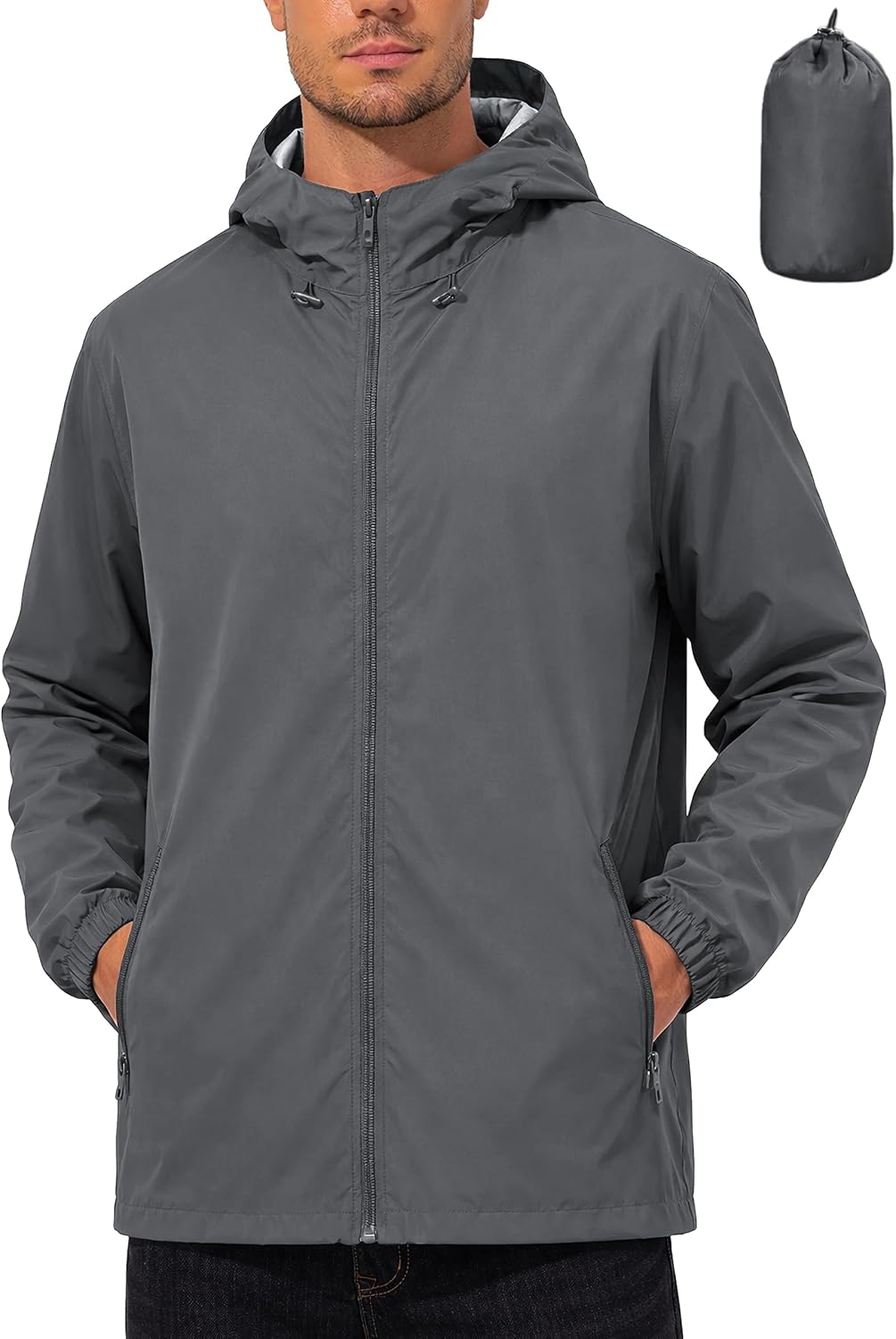 Mens Rain Jacket Lightweight Windbreaker Waterproof Raincoat Cycling Running Hiking Gear Hood Packable