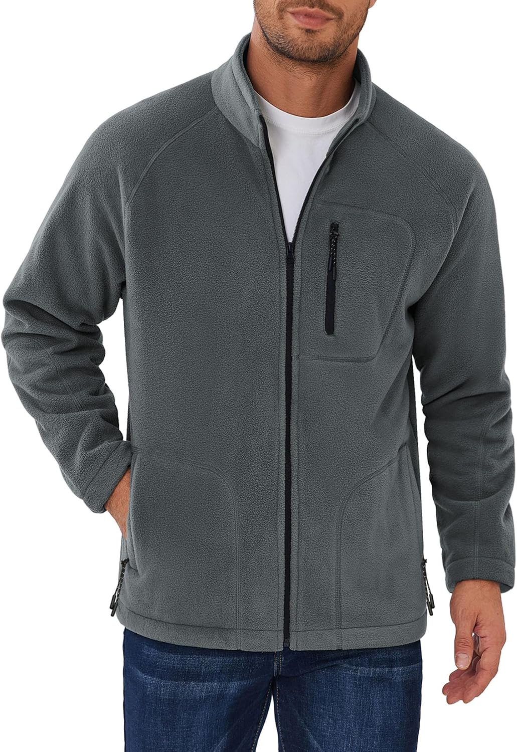 Men's Fleece Jackets Full Zip Raglan Long Sleeve Lightweight Casual Outdoor Warm Jacket Coat with Pockets